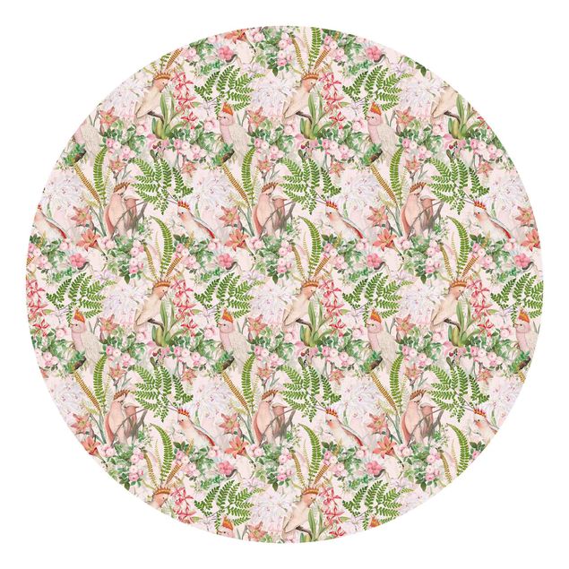 Self-adhesive round wallpaper - Pink Cockatoos With Flowers
