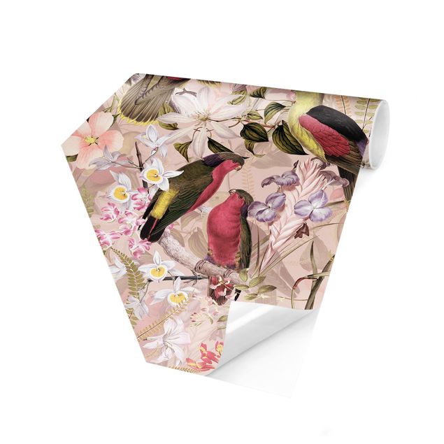 Self-adhesive hexagonal pattern wallpaper - Pink Pastel Birds With Flowers