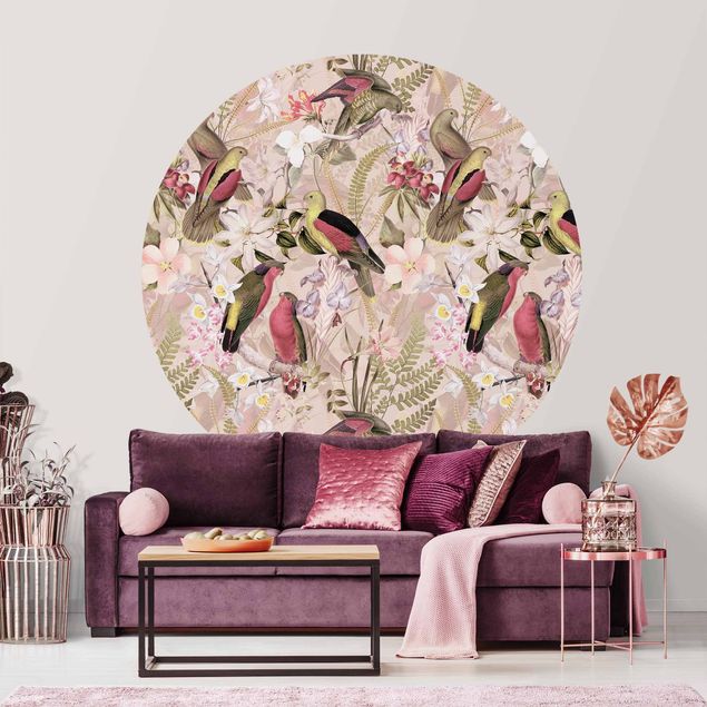 Self-adhesive round wallpaper - Pink Pastel Birds With Flowers