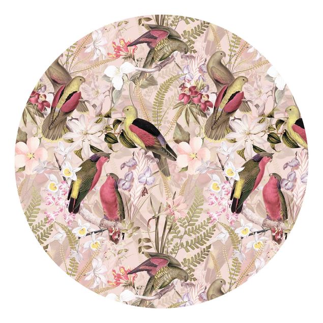 Self-adhesive round wallpaper - Pink Pastel Birds With Flowers