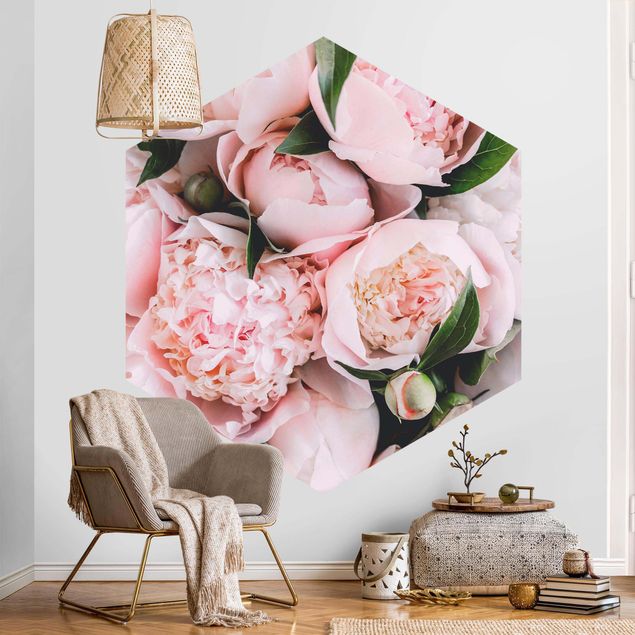 Self-adhesive hexagonal pattern wallpaper - Pink Peonies With Leaves