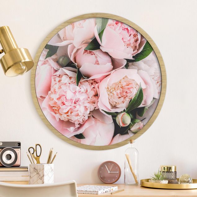 Framed prints round Pink Peonies With Leaves