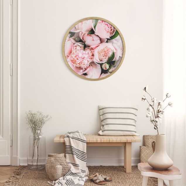 Circular framed print - Pink Peonies With Leaves