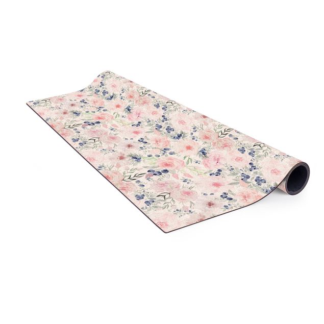 large floor mat Pink Roses With Blueberries In Front Of White