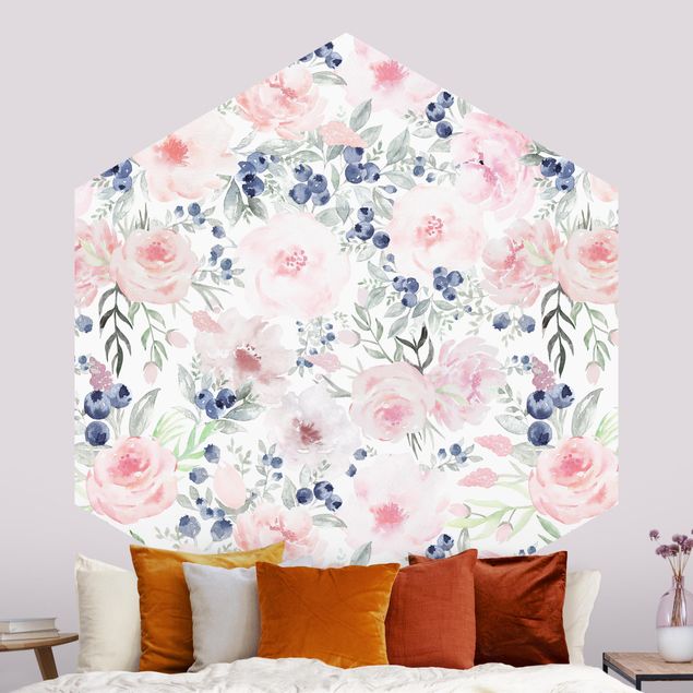 Self-adhesive hexagonal wall mural Pink Roses With Blueberries In Front Of White