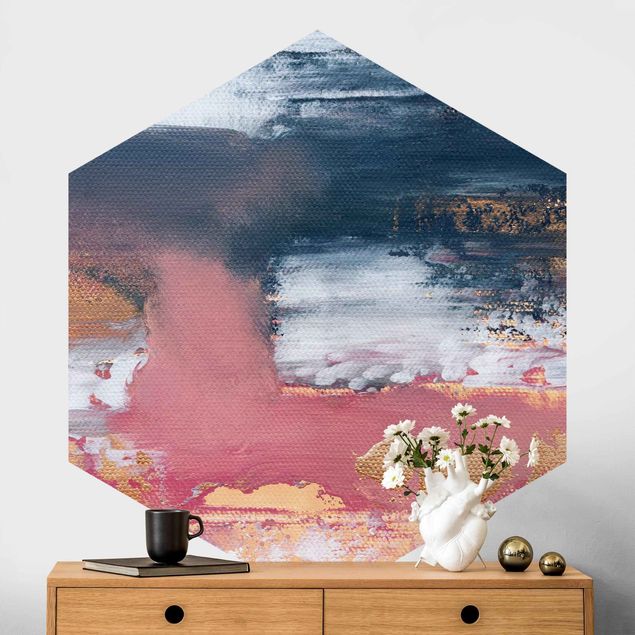 Hexagonal wall mural Pink Storm With Gold