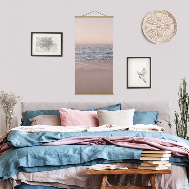 Fabric print with poster hangers - Reddish Golden Beach In The Morning - Portrait format 1:2
