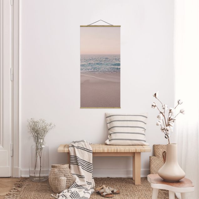 Fabric print with poster hangers - Reddish Golden Beach In The Morning - Portrait format 1:2