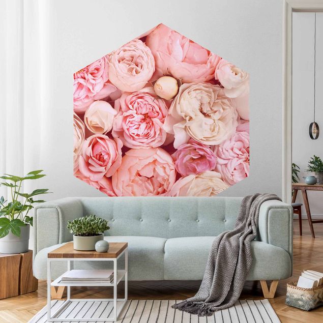 Self-adhesive hexagonal pattern wallpaper - Roses Rosé Coral Shabby