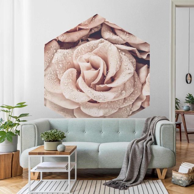 Self-adhesive hexagonal pattern wallpaper - Roses Sepia With Water Drops