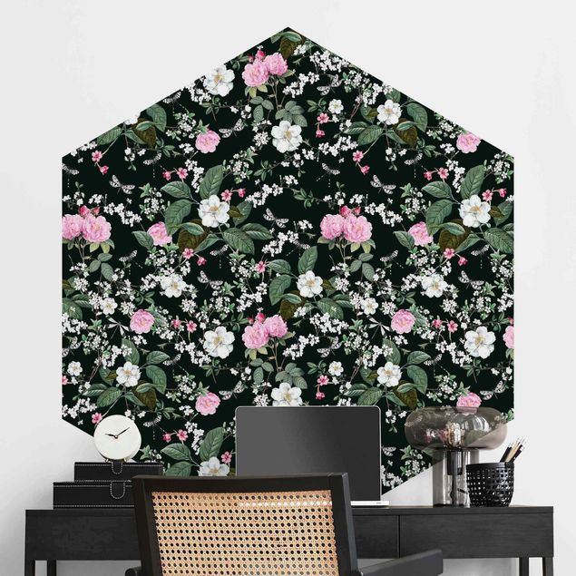 Hexagonal wallpapers Roses And Butterflies On Dark Green