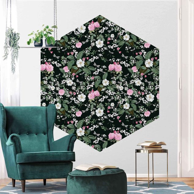 Self-adhesive hexagonal pattern wallpaper - Roses And Butterflies On Dark Green