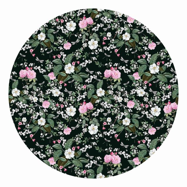 Self-adhesive round wallpaper - Roses And Butterflies On Dark Green