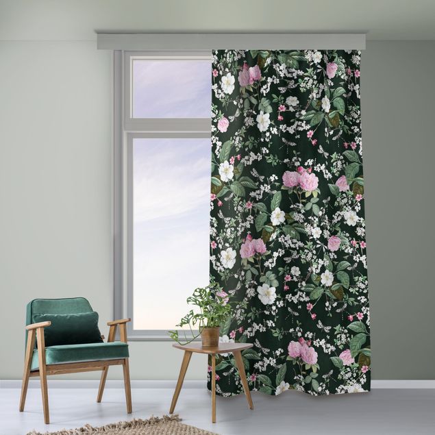 Modern Curtains Roses And Butterflies On Dark Green