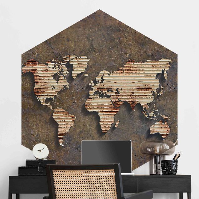 Hexagonal wall mural Rust World Map