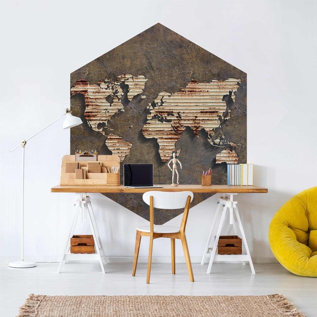 Self-adhesive hexagonal pattern wallpaper - Rust World Map