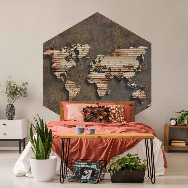 Self-adhesive hexagonal pattern wallpaper - Rust World Map