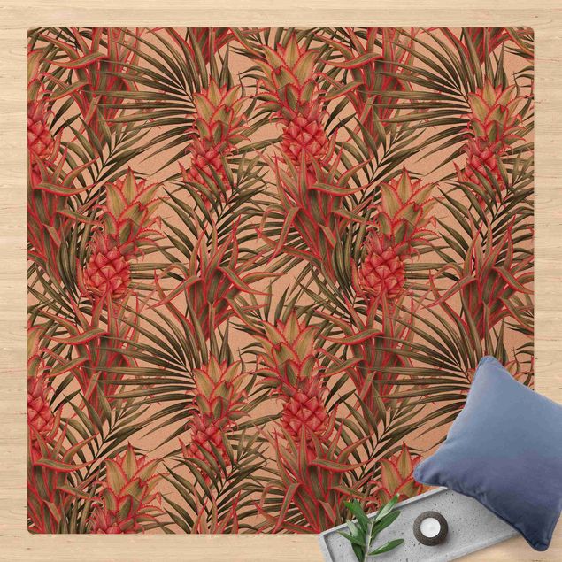 Modern rugs Red Pineapple With Palm Leaves Tropical