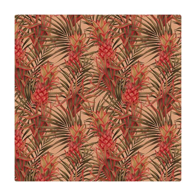 Cork mat - Red Pineapple With Palm Leaves Tropical - Square 1:1