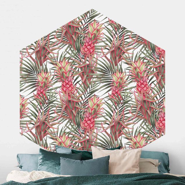 Hexagonal wallpapers Red Pineapple With Palm Leaves Tropical