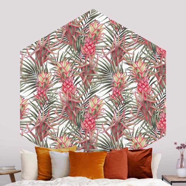 Wallpapers Red Pineapple With Palm Leaves Tropical