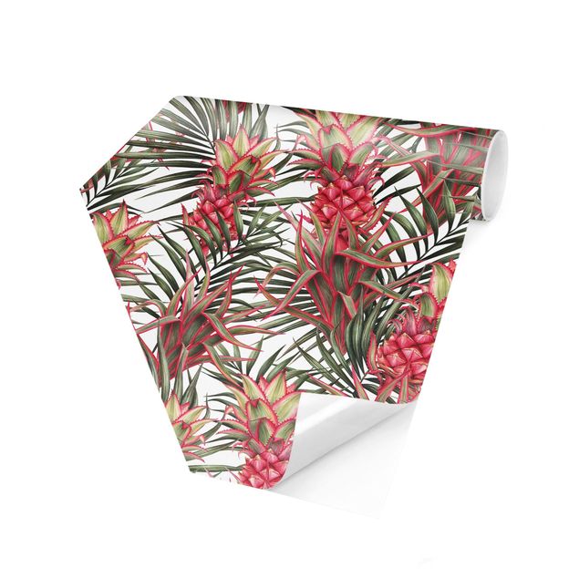 Self-adhesive hexagonal pattern wallpaper - Red Pineapple With Palm Leaves Tropical
