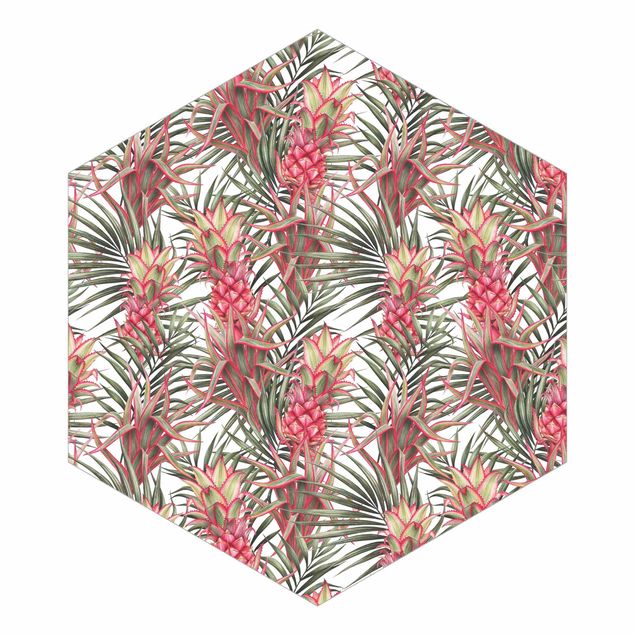 Self-adhesive hexagonal pattern wallpaper - Red Pineapple With Palm Leaves Tropical