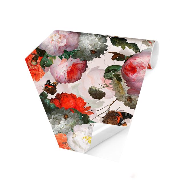 Self-adhesive hexagonal pattern wallpaper - Red Flowers With Butterflies