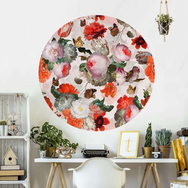 Self-adhesive round wallpaper - Red Flowers With Butterflies