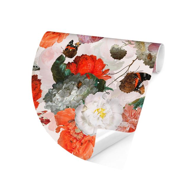 Self-adhesive round wallpaper - Red Flowers With Butterflies