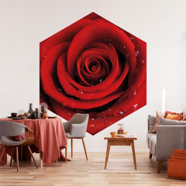 Self-adhesive hexagonal pattern wallpaper - Red Rose With Water Drops