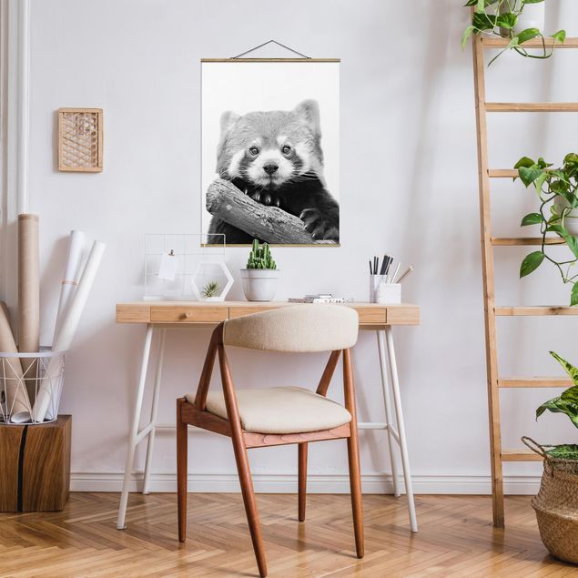 Fabric print with poster hangers - Red Panda In Black And White - Portrait format 3:4