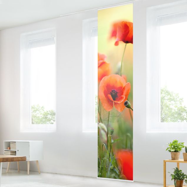 Sliding panel curtains set - Red Summer Poppy