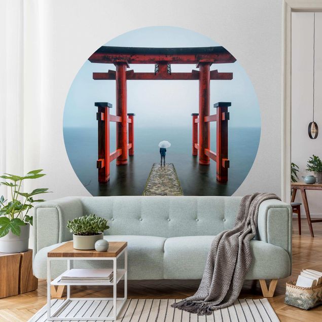 Self-adhesive round wallpaper - Red Torii At Lake Ashi