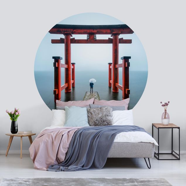 Self-adhesive round wallpaper - Red Torii At Lake Ashi
