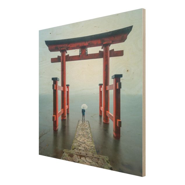 Wood print - Red Torii At Lake Ashi