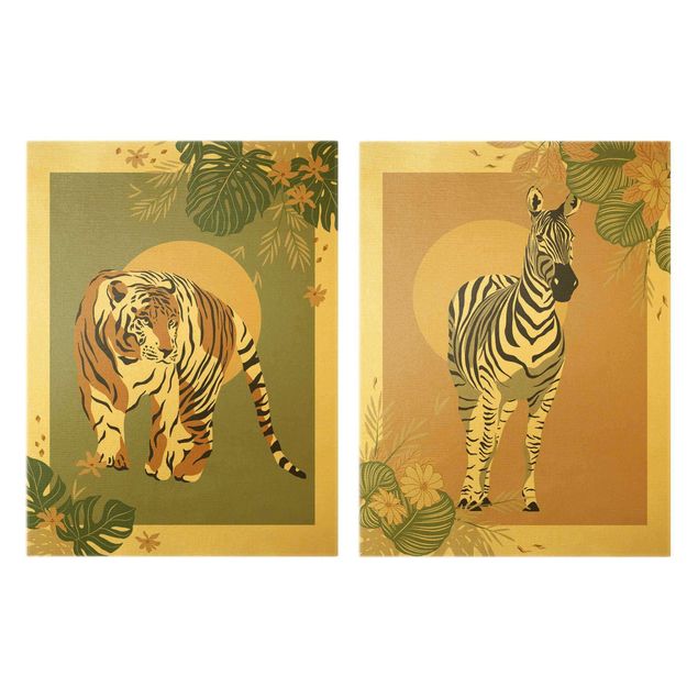Print on canvas - Safari Animals - Sun Behind Zebra And Tiger