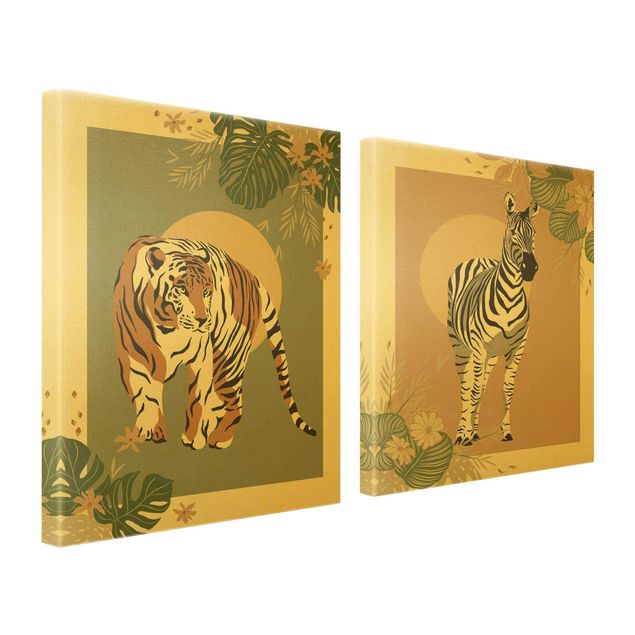 Print on canvas - Safari Animals - Sun Behind Zebra And Tiger
