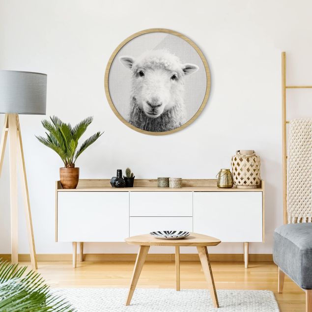 Circular framed print - Sheep Steffi Black And White