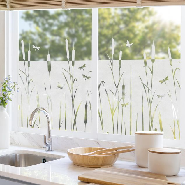 Window film - Reed with dragonflies and butterflies border