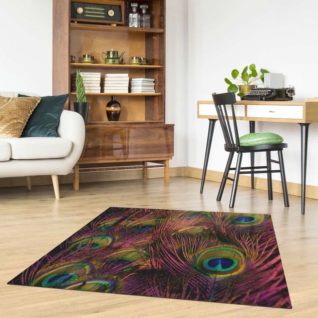 rug under dining table Iridescent Paecock Feathers