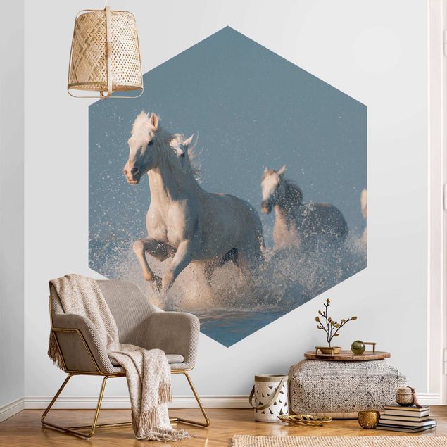 Self-adhesive hexagonal pattern wallpaper - Herd Of White Horses