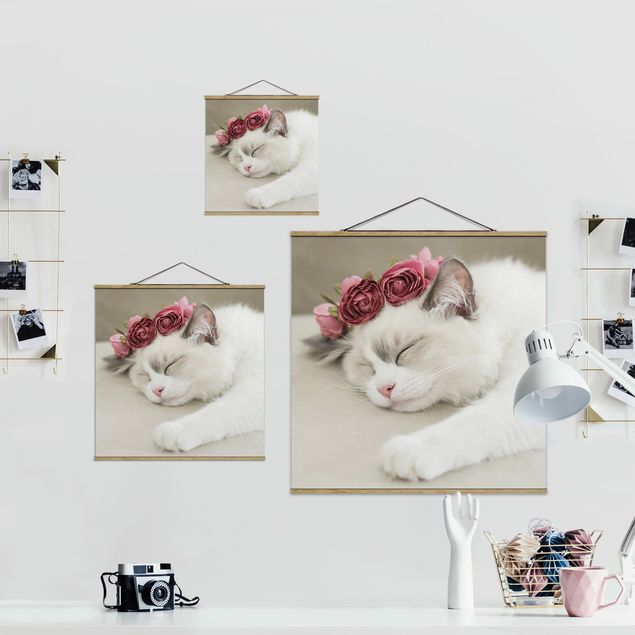 Fabric print with poster hangers - Sleeping Cat with Roses - Square 1:1
