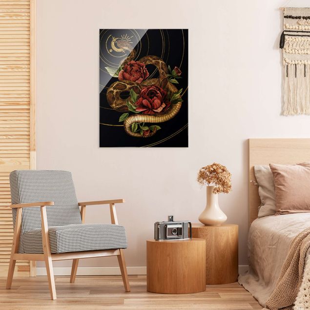 Glass print - Snake With Roses Black And Gold I - Portrait format