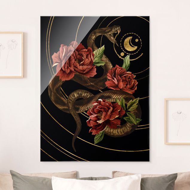 Glass print - Snake With Roses Black And Gold II - Portrait format