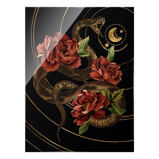 Glass print - Snake With Roses Black And Gold II - Portrait format