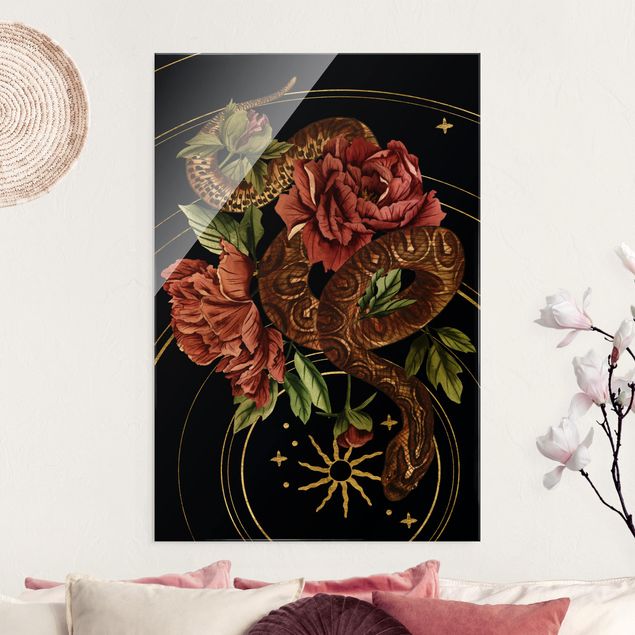Magnettafel Glas Snake With Roses Black And Gold III