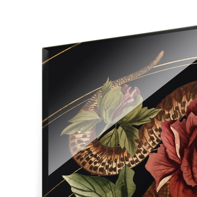 Glass print - Snake With Roses Black And Gold III - Portrait format
