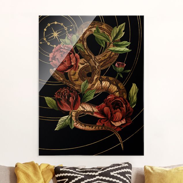 Glas Magnettafel Snake With Roses Black And Gold IV