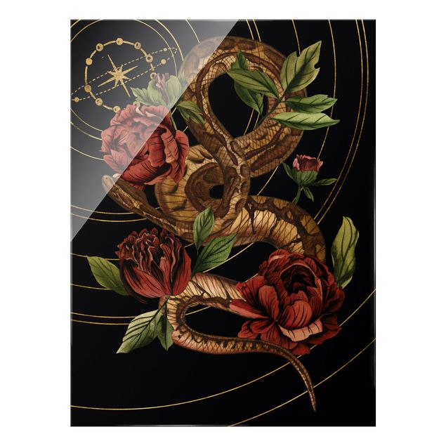 Glass print - Snake With Roses Black And Gold IV - Portrait format
